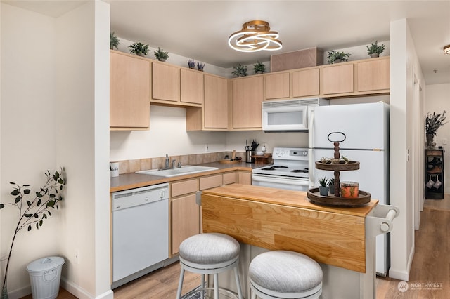 kitchen featuring light hardwood / wood-style flooring, light brown cabinetry, sink, and white appliances