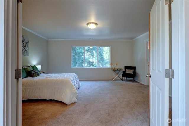 carpeted bedroom featuring ornamental molding