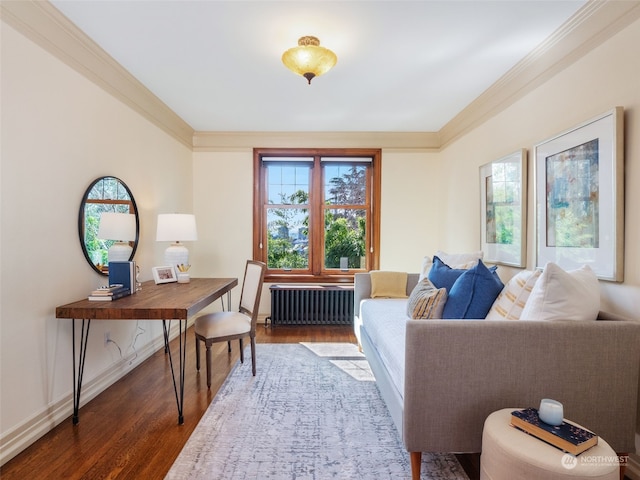 interior space featuring dark wood-type flooring, ornamental molding, and radiator heating unit