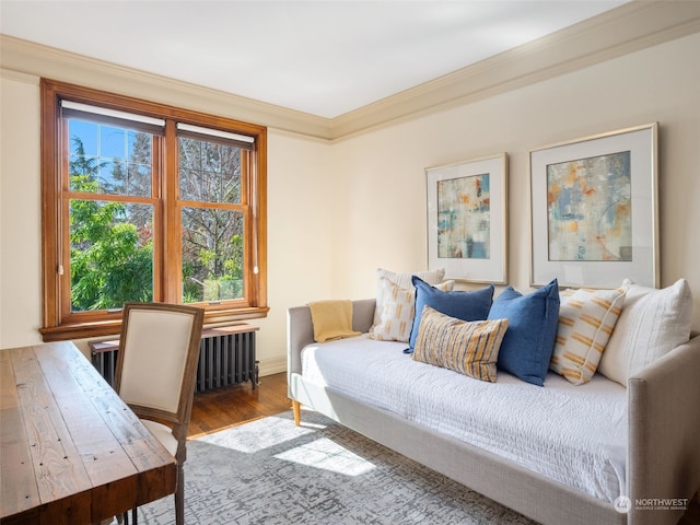 interior space with hardwood / wood-style floors, radiator heating unit, and ornamental molding