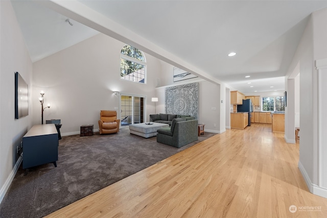 living room featuring high vaulted ceiling and light wood-type flooring