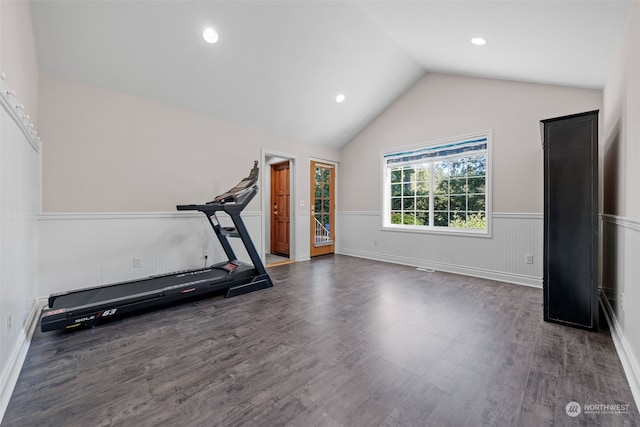 workout area featuring dark hardwood / wood-style floors and lofted ceiling