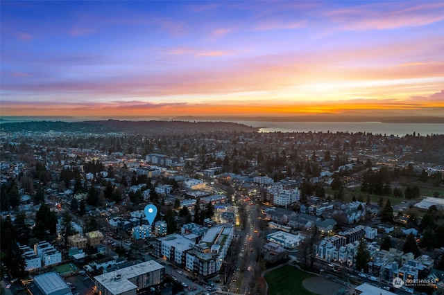 aerial view at dusk with a water view