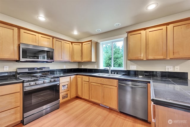 kitchen with light hardwood / wood-style flooring, sink, and appliances with stainless steel finishes