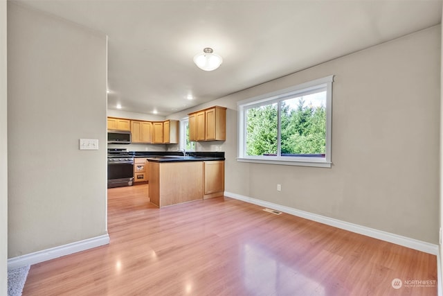 kitchen with light brown cabinetry, sink, appliances with stainless steel finishes, and light hardwood / wood-style floors