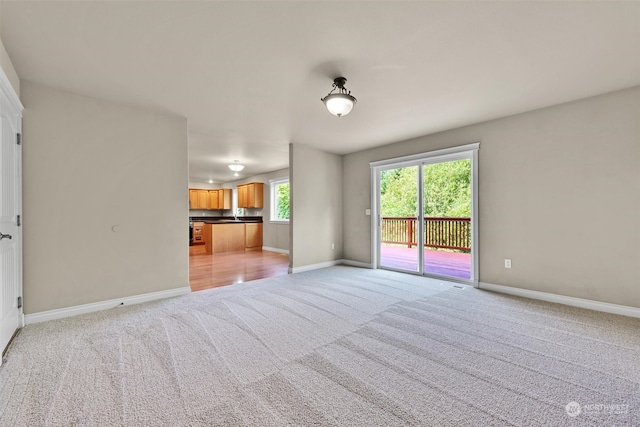 unfurnished living room with light colored carpet