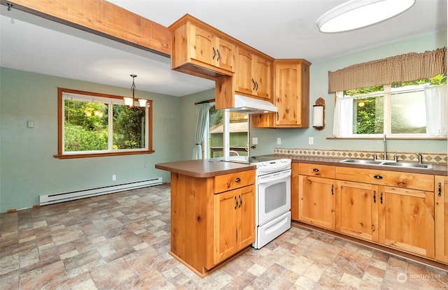 kitchen with hanging light fixtures, sink, baseboard heating, plenty of natural light, and electric stove