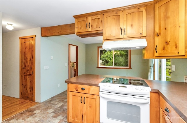 kitchen with white electric stove and light hardwood / wood-style floors