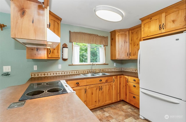 kitchen featuring electric cooktop, sink, and white fridge