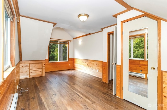 bonus room featuring a healthy amount of sunlight, wooden walls, and a baseboard radiator