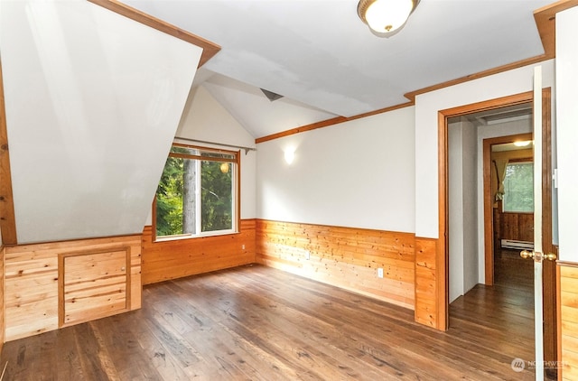 additional living space featuring wooden walls, vaulted ceiling, baseboard heating, and dark hardwood / wood-style floors