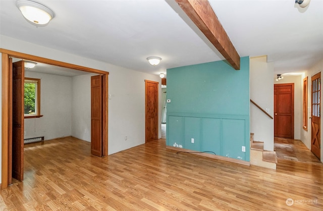 unfurnished room featuring light hardwood / wood-style flooring, beam ceiling, and a baseboard radiator