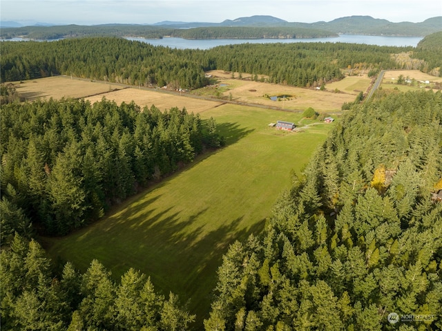 drone / aerial view featuring a water and mountain view and a rural view