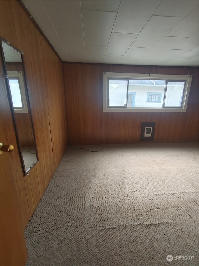 carpeted spare room featuring a healthy amount of sunlight and wood walls