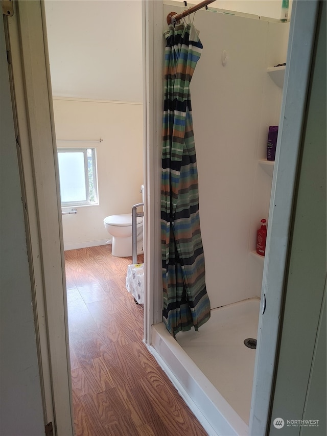 bathroom with curtained shower, hardwood / wood-style flooring, and toilet