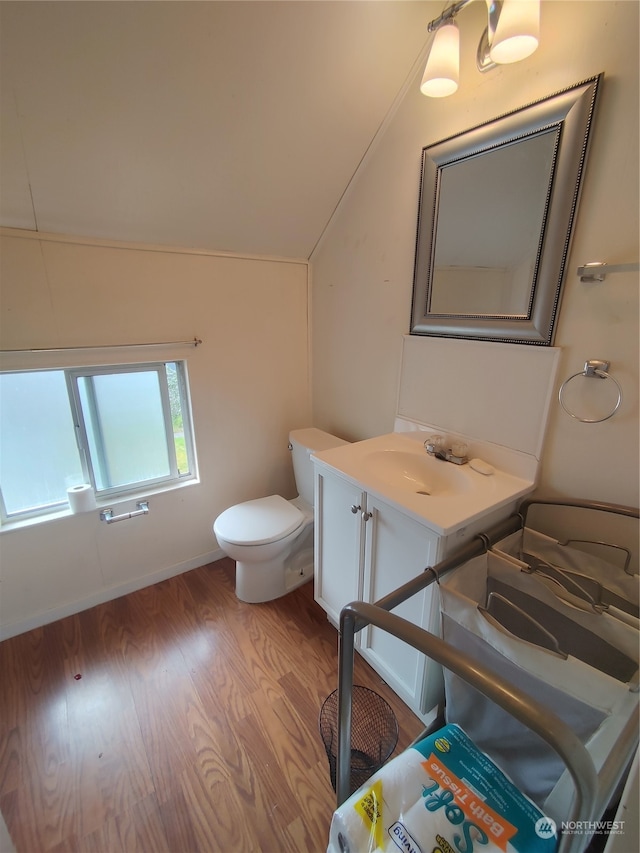 bathroom with vanity, vaulted ceiling, toilet, and hardwood / wood-style flooring