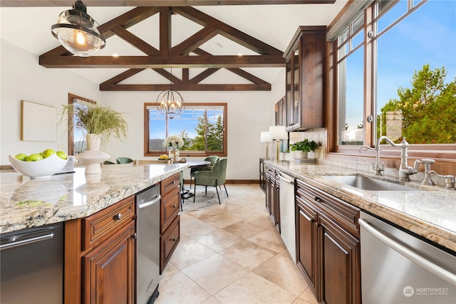 kitchen featuring decorative light fixtures, an inviting chandelier, sink, vaulted ceiling with beams, and stainless steel dishwasher