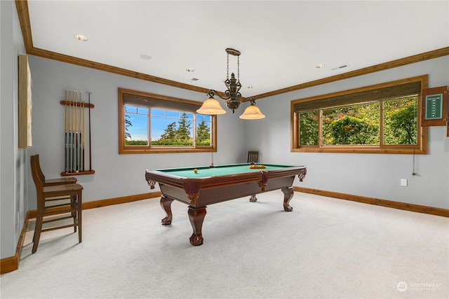 rec room featuring ornamental molding, a healthy amount of sunlight, pool table, and carpet flooring