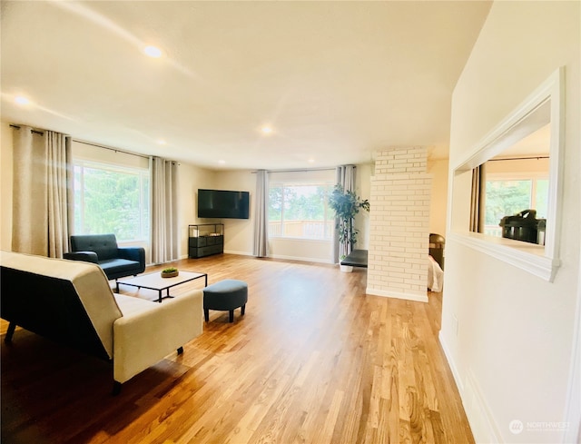 living room featuring plenty of natural light, hardwood / wood-style flooring, and decorative columns