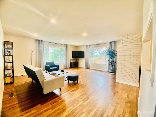 living room with decorative columns and light hardwood / wood-style floors