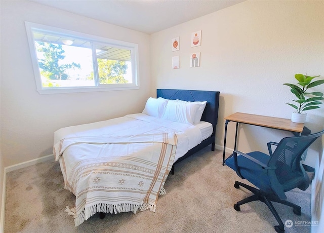 bedroom with light colored carpet