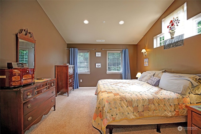 bedroom with visible vents, light carpet, recessed lighting, baseboards, and lofted ceiling