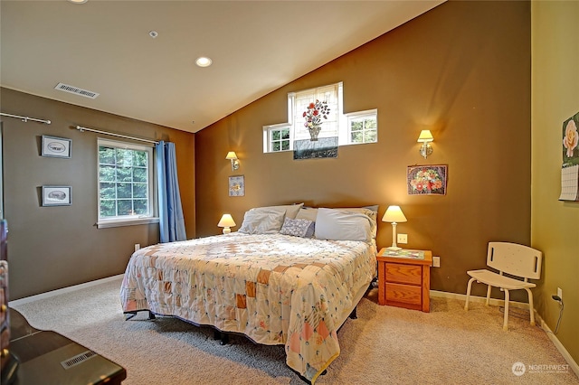 carpeted bedroom featuring vaulted ceiling, recessed lighting, visible vents, and baseboards