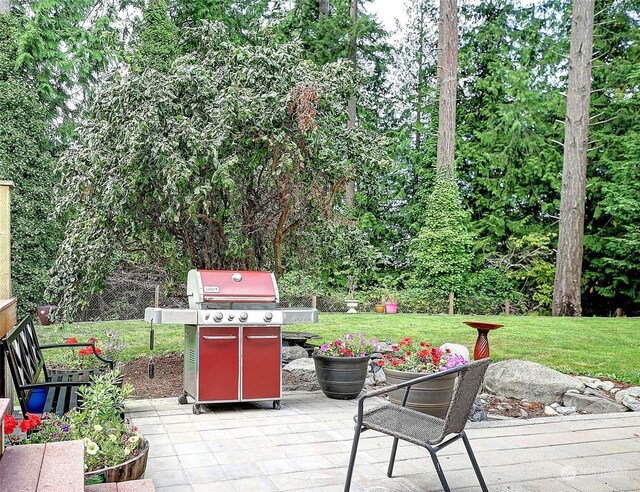 exterior space with grilling area, a yard, and a patio area