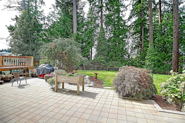 view of patio with area for grilling and a deck