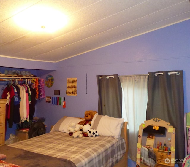 bedroom with lofted ceiling and a closet