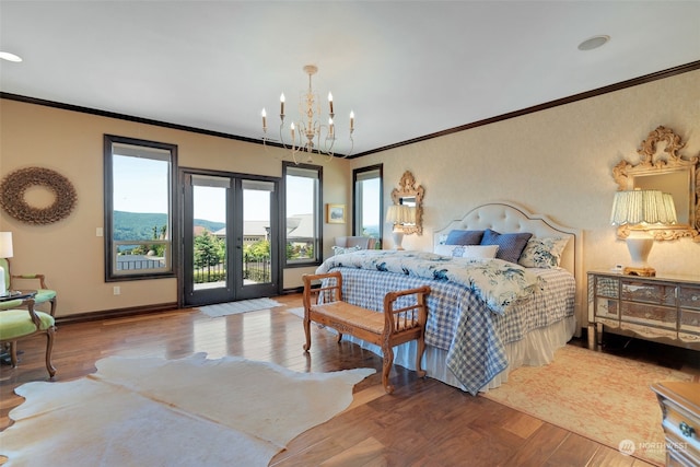 bedroom featuring access to outside, hardwood / wood-style floors, and crown molding