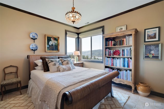 bedroom with a chandelier, light tile patterned flooring, and crown molding