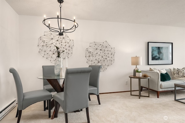 carpeted dining room with a baseboard heating unit, a chandelier, and a textured ceiling