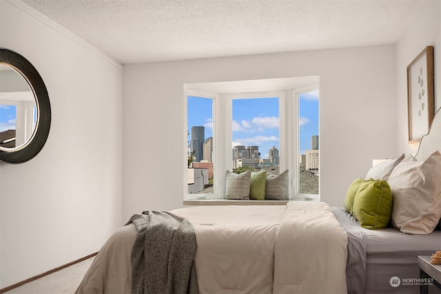 carpeted bedroom with a textured ceiling