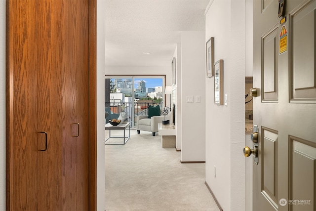 hallway featuring light carpet and a textured ceiling