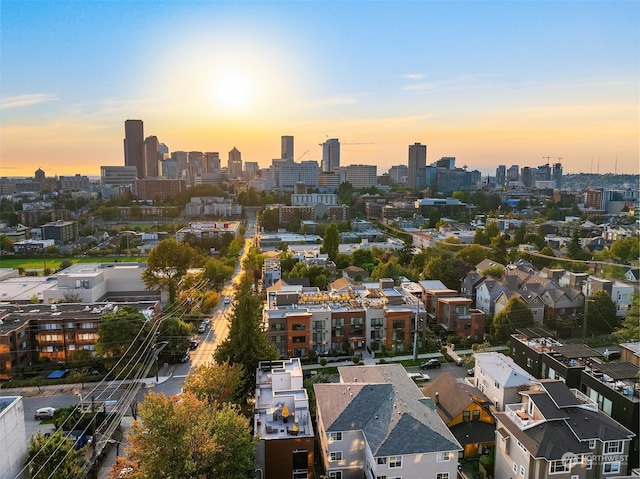 view of aerial view at dusk