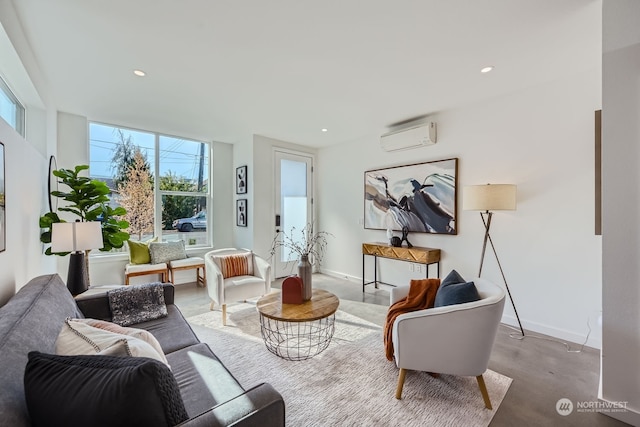 living room featuring a wall mounted AC and a wealth of natural light