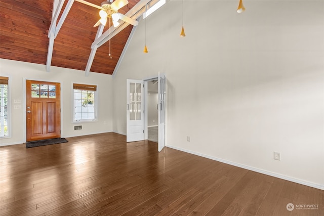 entrance foyer with high vaulted ceiling, beam ceiling, ceiling fan, and dark hardwood / wood-style floors