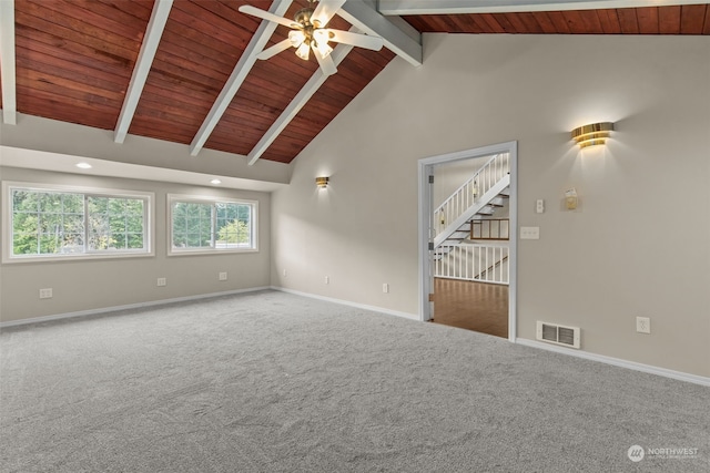 carpeted spare room featuring ceiling fan, beamed ceiling, wood ceiling, and high vaulted ceiling