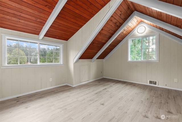 bonus room with wood ceiling, lofted ceiling with beams, and light hardwood / wood-style flooring