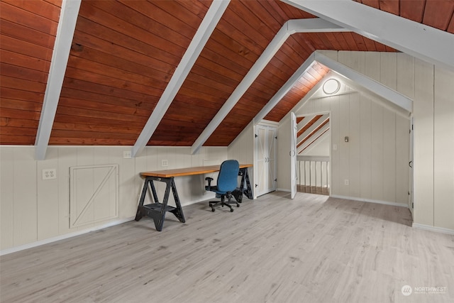 unfurnished office with wood ceiling, light hardwood / wood-style floors, and lofted ceiling with beams