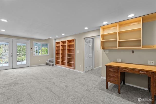 unfurnished office featuring light carpet and french doors