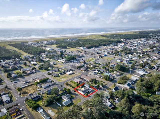 aerial view featuring a beach view and a water view