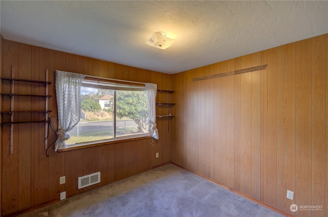 spare room featuring light carpet and wooden walls