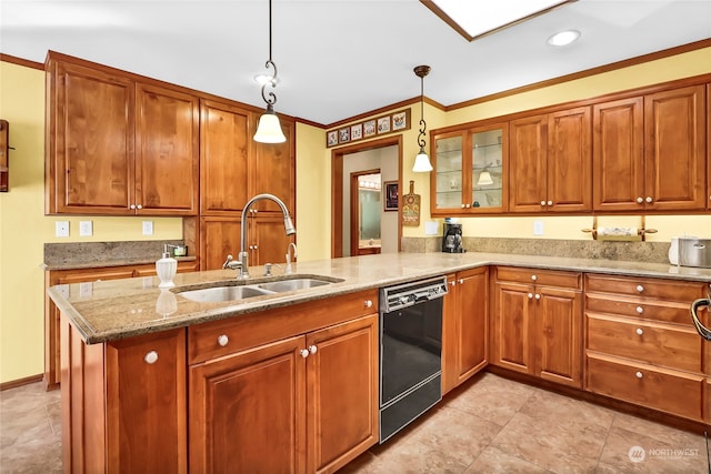 kitchen with sink, kitchen peninsula, decorative light fixtures, dishwasher, and light stone countertops