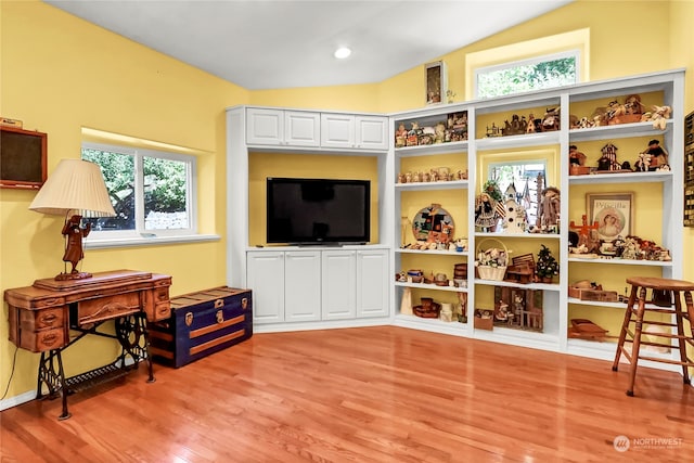 interior space with light hardwood / wood-style floors and lofted ceiling