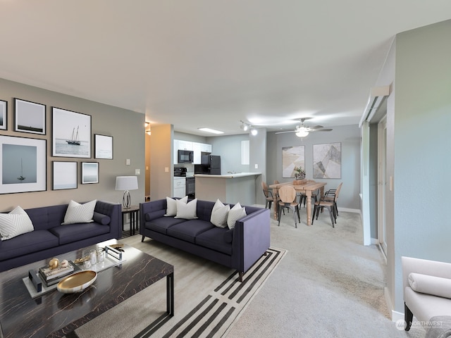 living room featuring light carpet and ceiling fan