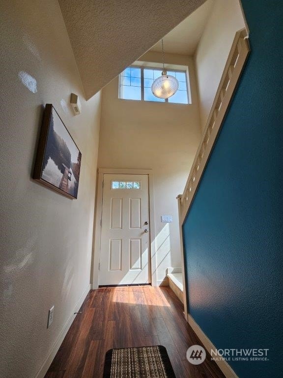 foyer entrance featuring dark wood-type flooring, a towering ceiling, and a textured ceiling