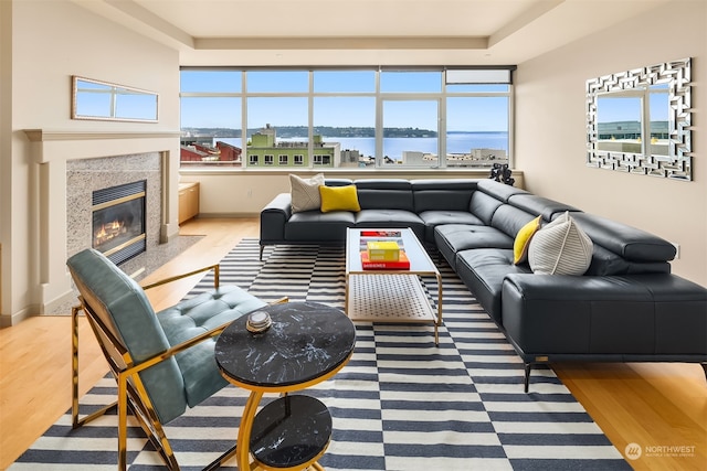 living room featuring a water view, hardwood / wood-style floors, and a premium fireplace