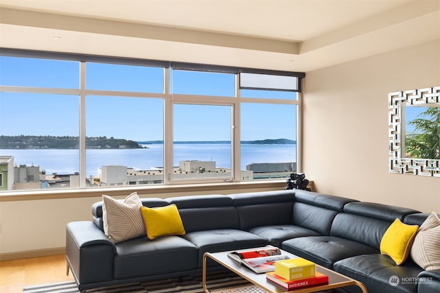 living room featuring a healthy amount of sunlight, a water view, and hardwood / wood-style floors